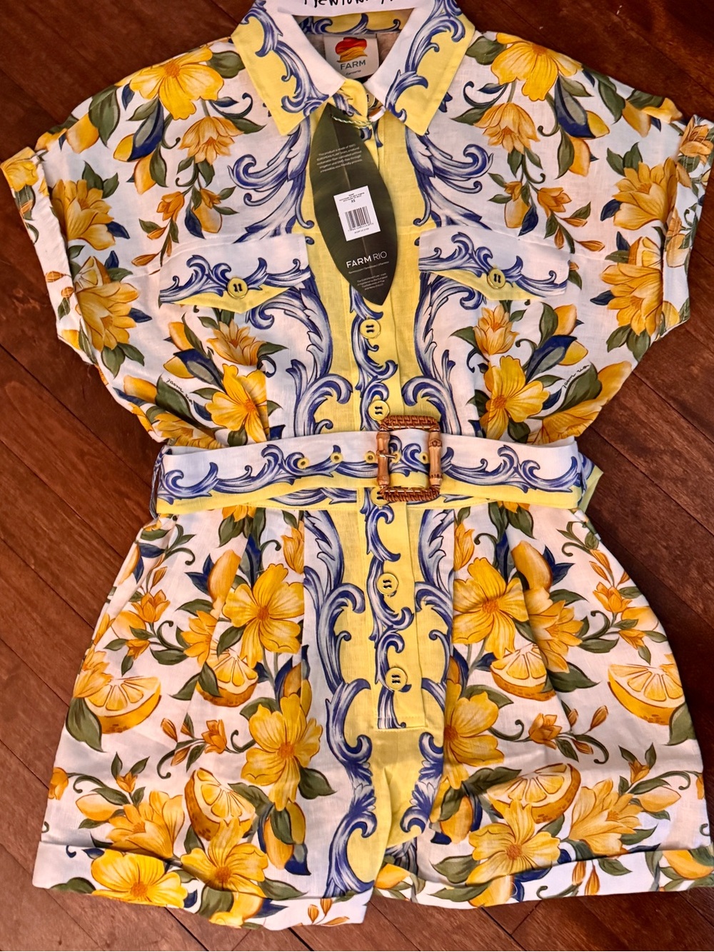 FARM Rio Yellow & Blue Floral Button Romper with Buckle Belt